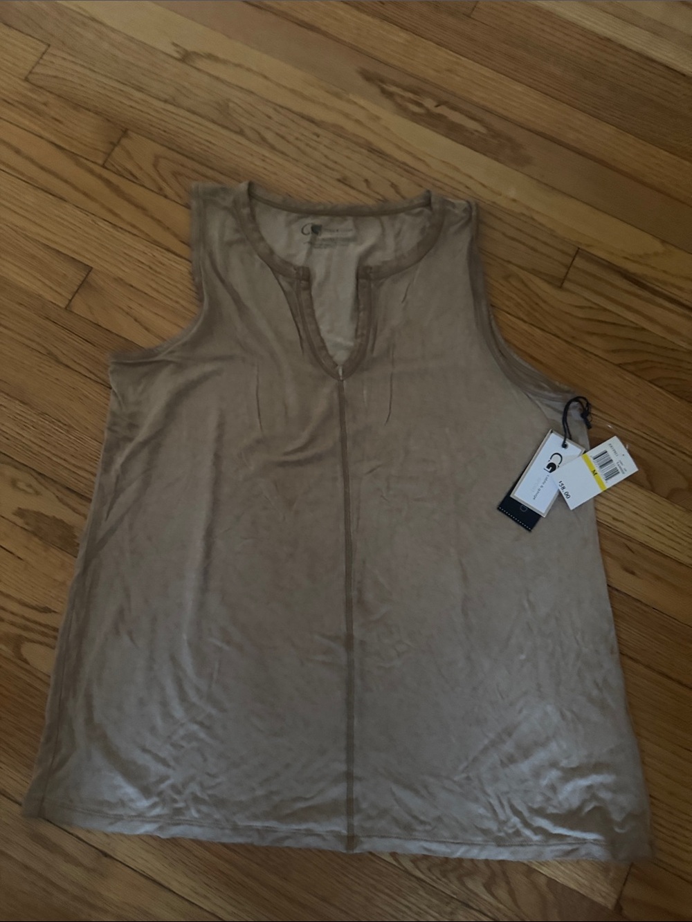Cable & Gauge Sleeveless Split Neck Tank Top - Taupe
